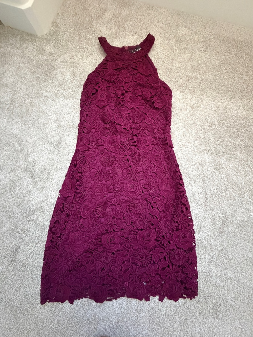 Lulu's Burgundy Floral Crochet Midi Dress